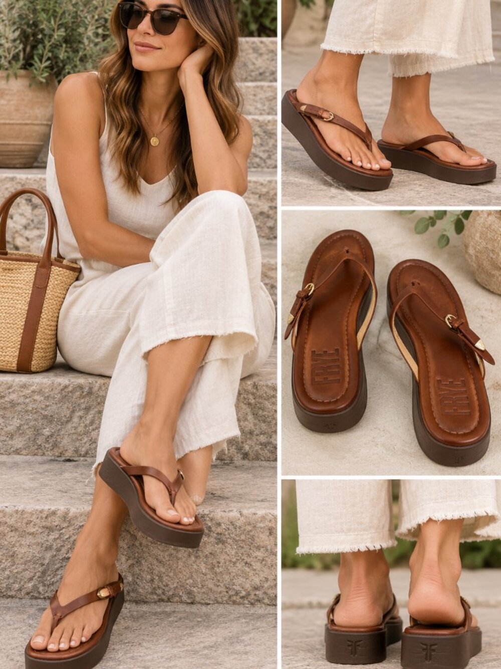 FRYE Company Women's Maya Buckle Brown Leather Platform Thong Sandal Sz 8M